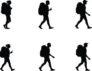Silhouette hikers with backpacks walking, male and female travelers in motion, trekking vector illustration set