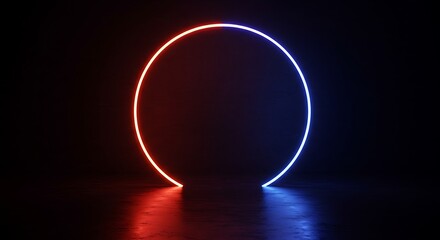 Glowing Neon Ring on a Dark Reflective Surface, Illuminated by Red and Blue Light