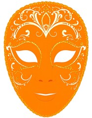 An ornate orange masquerade mask with decorative white filigree and gold accents displays a festive and cheerful mood.