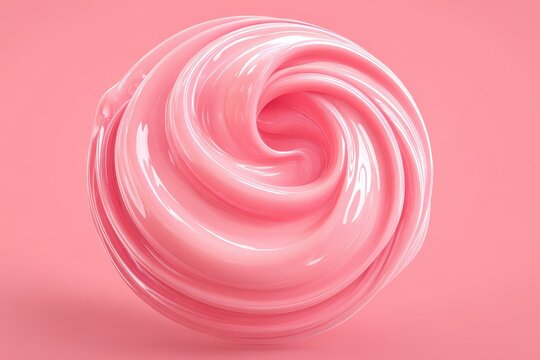 A mesmerizing, glossy pink swirl, creating a captivating and smooth abstract shape with light and shadow reflections, on a soft pink background.