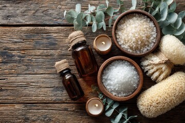 Spa and wellness composition on a wooden surface: Bath salts, essential oils, and candles for a relaxing experience promoting self care and aromatherapy session.