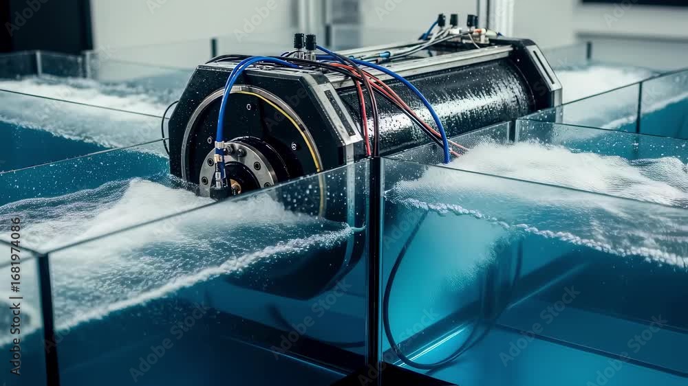 Poster wave energy dynamometer cell setup immersed partially in water simulation tanks to replicate environ