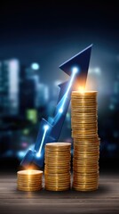 Golden coin stacks symbolize financial prosperity with a bright blue upward arrow indicating business growth. Money savings increase on a wooden surface,