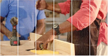 Carpenter adjusting drill, drawing line as colleague aligning tape measure marking wood for cut - Powered by Adobe