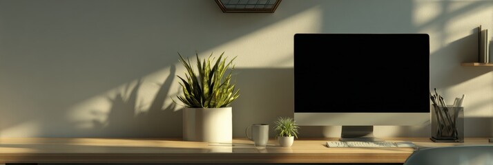 Bright workspace features a computer, potted plants, and a neatly organized desk bathed in warm natural light, promoting a serene working environment.
