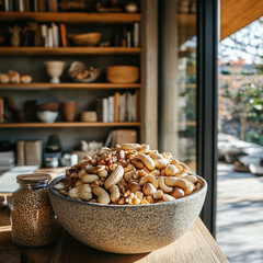 Still life photography in a modern interior: a large stone bowl filled with a mixture of various nuts - walnuts, cashews, peanuts, hazelnuts - stands on a wooden table.  