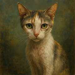 Portrait of a sick stray cat with a sad, piercing look. The animal looks weakened: the fur is disheveled and sparse, traces of illness or injury are visible on the muzzle and neck. 