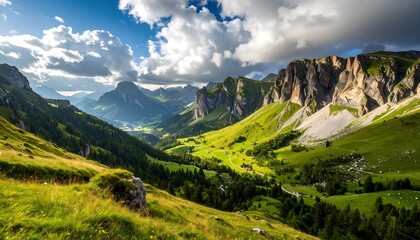 Fototapeta premium A vast valley stretches between towering mountain peaks, bathed in the light of a vibrant summer day.