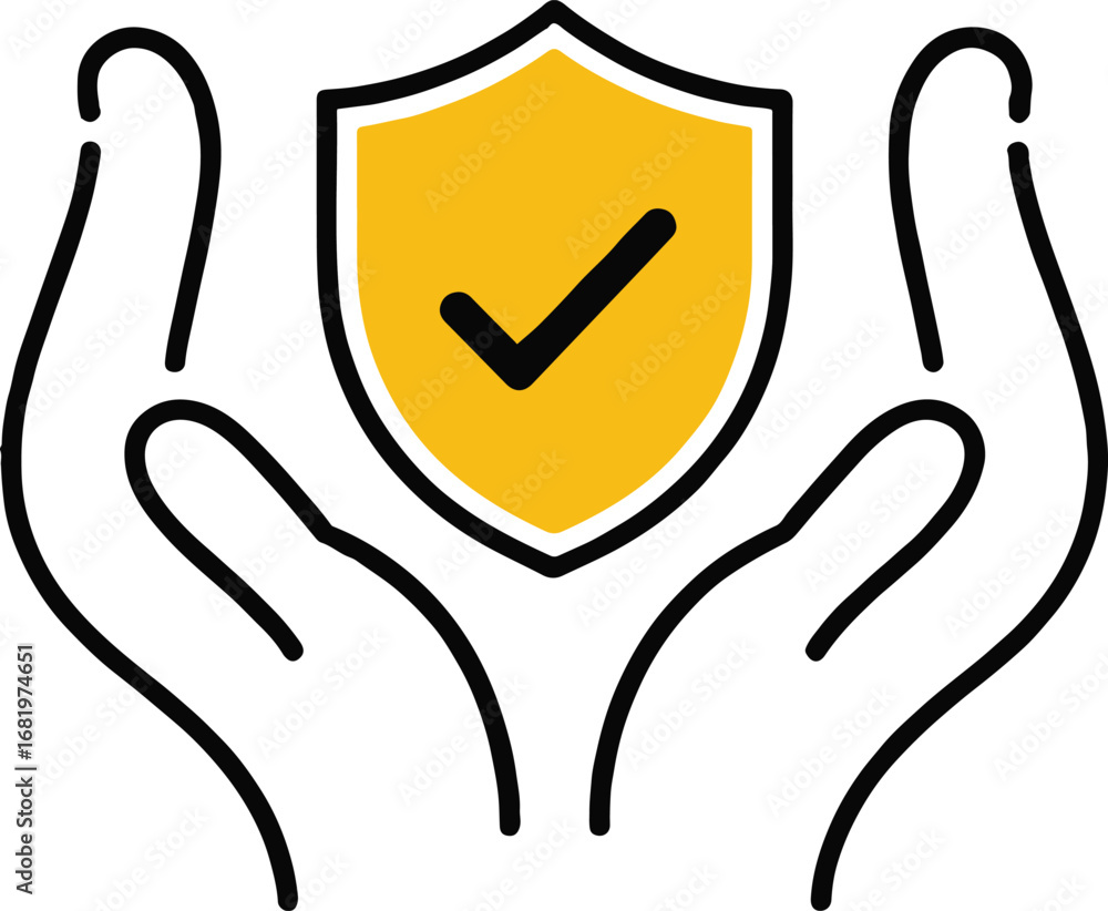 Poster vector art of security icon with shield and check mark in hands, representing data protection and cy