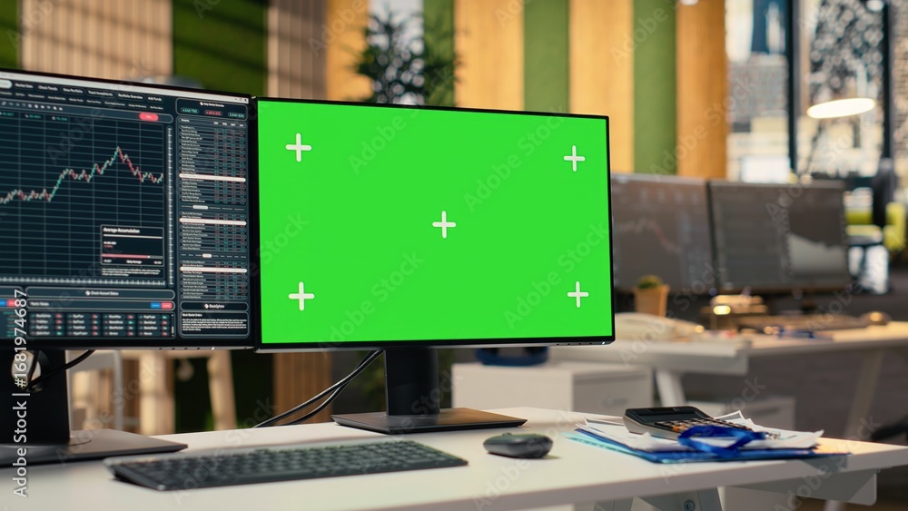 Poster stock market metrics charts displayed on green screen computer display in investment firm office. wo
