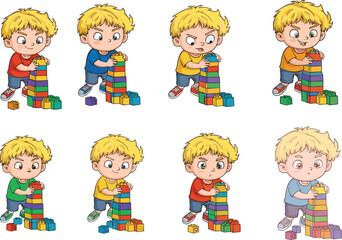Child playing with colorful blocks, cartoon style, emotions, learning, fun, creativity