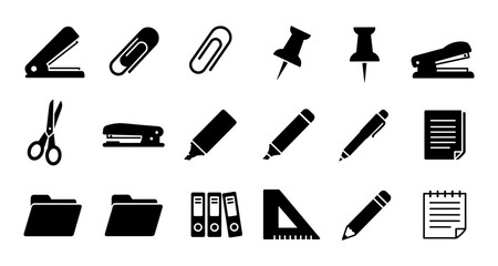Obraz premium Essential office supplies icons: scissors, stapler, paperclip, folders, notebooks
