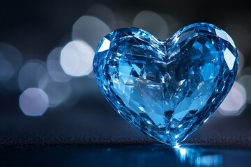 Fototapeta premium Blue crystal heart shaped gemstone with sparkling facets on dark glitter background symbolizing love luxury romance and elegance in precious jewelry concept