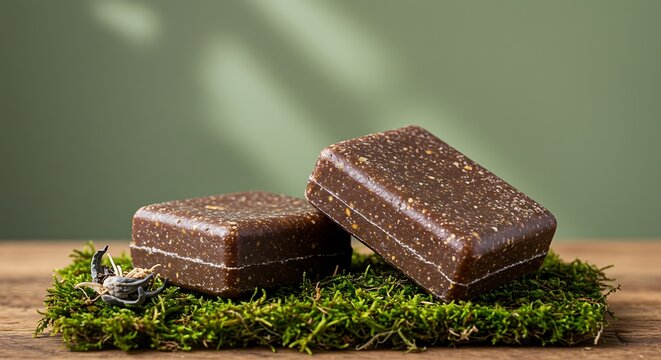 Two natural solid shampoo bars resting on moss.