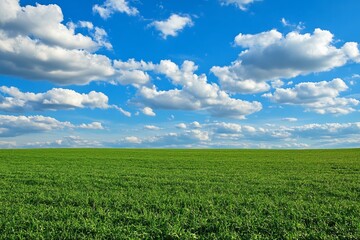 Vast green wheat field under bright blue sky with fluffy white clouds symbolizing agriculture growth freshness nature and peaceful rural landscape beauty