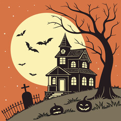 Spooky Halloween Scene with Haunted House, Bats, and Pumpkins
