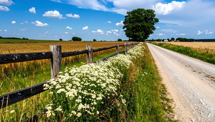 A picturesque country road winds through a golden field, bordered by a weathered wooden fence and wildflowers, under a vibrant blue sky.