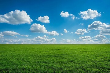 Vast green wheat field under bright blue sky with fluffy white clouds symbolizing agriculture growth freshness nature and peaceful rural landscape beauty