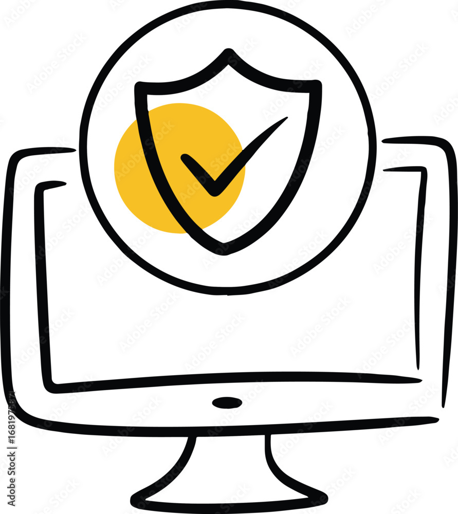 Poster vector art of computer monitor with shield and check mark, representing security and protection, ens
