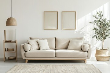 Fototapeta premium Modern beige living room interior with cozy sofa natural decor and sunlight creating minimalist Scandinavian style home design and peaceful atmosphere