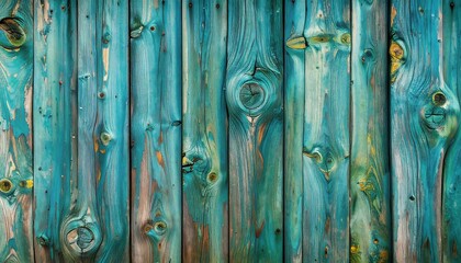 A weathered wooden surface displays vertical planks in a teal and natural woodgrain pattern, highlighting the aged and distressed beauty of the boards.