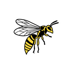 Yellow and black bee flying with transparent wings  doodle icon, simple hand-drawn outline, doodle style, minimal black line, isolated on white