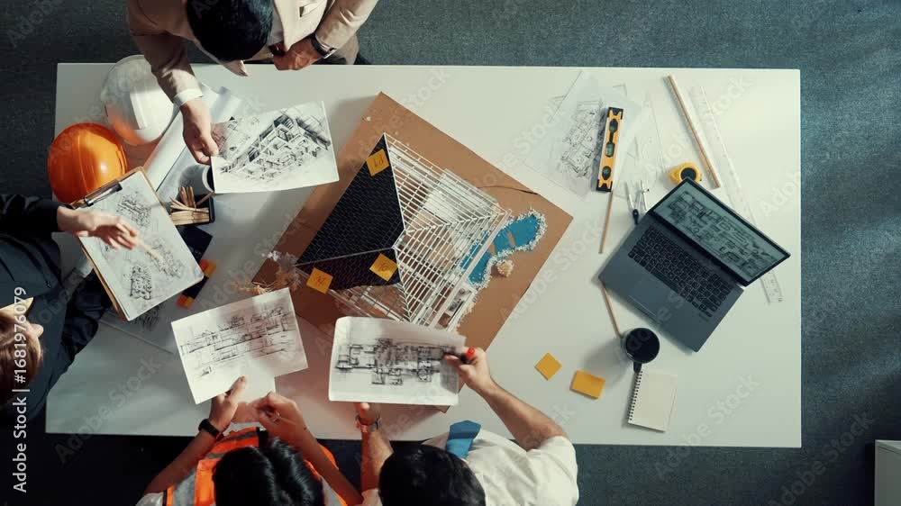 Poster top view of manager handed blueprint to professional engineer team at meeting table with house model
