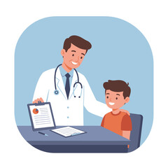 Fototapeta premium Friendly Male Doctor Explaining Medical Results on a Tablet to a Smiling Young Boy Patient.