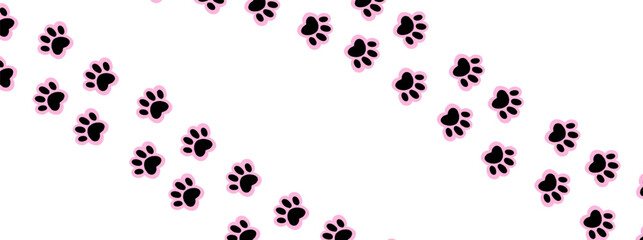 Pink puppy and cat paw print pattern with animal footprints for a pet background or vector design. This graphic illustration features dog, tiger and bear tracks in a walking trail style for logos, ico