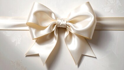 Elegant cream-colored satin ribbon bow meticulously tied on a textured off-white background, showcasing a sophisticated and celebratory mood.