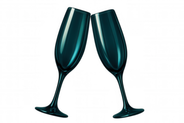 Crystal champagne flutes gently touching, creating elegant toasting moment against clean transparent background, symbolizing celebration and refined sophistication