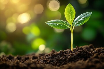 Young green plant sprouting from soil with sunlight and blurred natural background