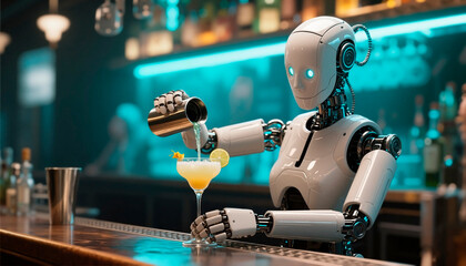 Humanoid robot bartender with glowing blue eyes mixing a cocktail in a futuristic bar