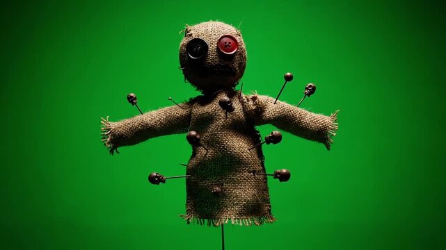 Creepy voodoo doll pierced with pins and skulls on a vibrant green background, evoking dark magic and occult themes for Halloween or horror projects