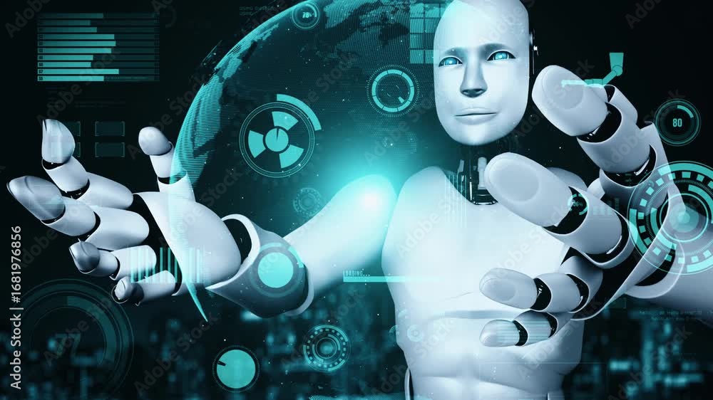 Poster futuristic robot artificial intelligence huminoid ai for industrial factory technology development a