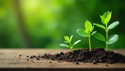 Naklejka premium Small green leafy plants growing on a wooden table, wooden decor,