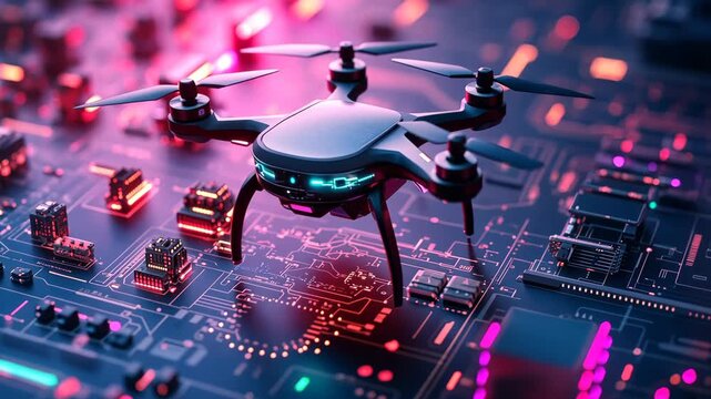 Futuristic drone hovering above neonlit circuit board landscape in cybernetic environment