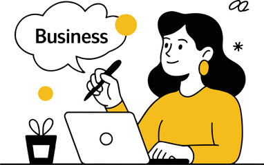 Illustration of a woman working on a laptop with a business thought bubble, representing online marketing and digital strategy, isolated on white background