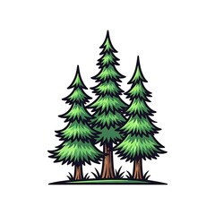 Fototapeta premium A group of three evergreen pine trees, vector cartoon illustration.