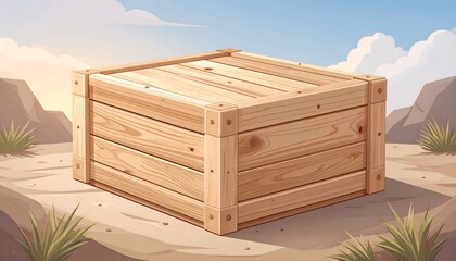 A light brown wooden crate rests on a desert landscape, with a tranquil sky above.