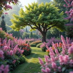 Obraz premium Blooming tree with pink flowers near mountain lake in peaceful spring setting