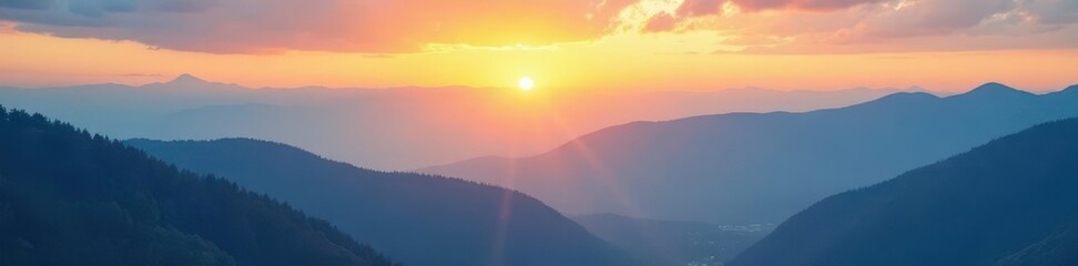 Obraz premium Golden sunrise bathes ethereal blue mountains, soft mist veils peaks , nature, landscape, majestic