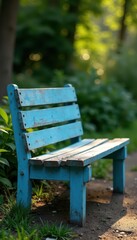 Rustic blue wooden garden bench, weathered paint , blue paint, blue, design