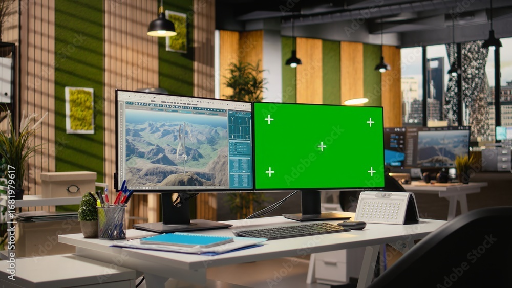 Poster futuristic vertical wind turbine cad design on isolated screen pc used for green energy research. so