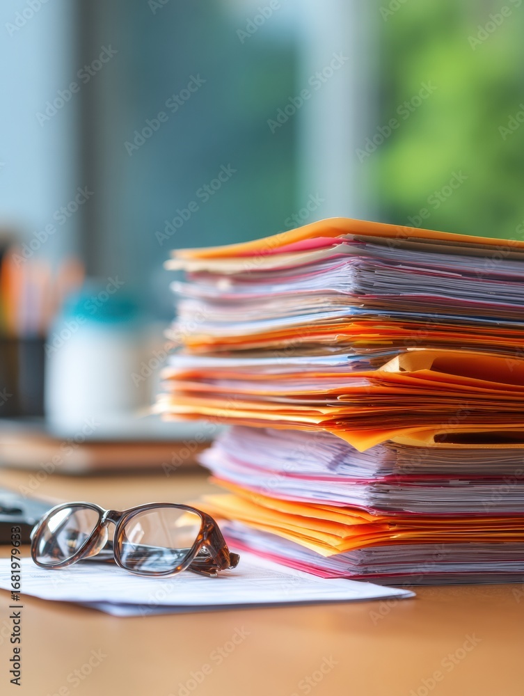 Poster colorful folders and glasses rest on a wooden desk with sunlight streaming in, creating a focused at