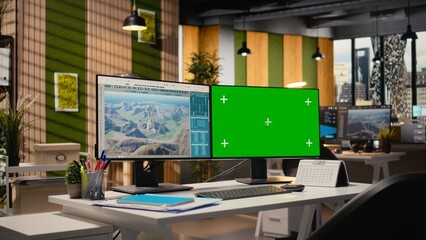 Futuristic vertical wind turbine CAD design on isolated screen PC used for green energy research. Software interface on chroma key PC with digital modeling of advanced VAWT energy generator gear