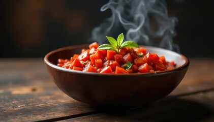 A bowl of chili, red and steaming hot, with visible steam , mexican, chili, hot