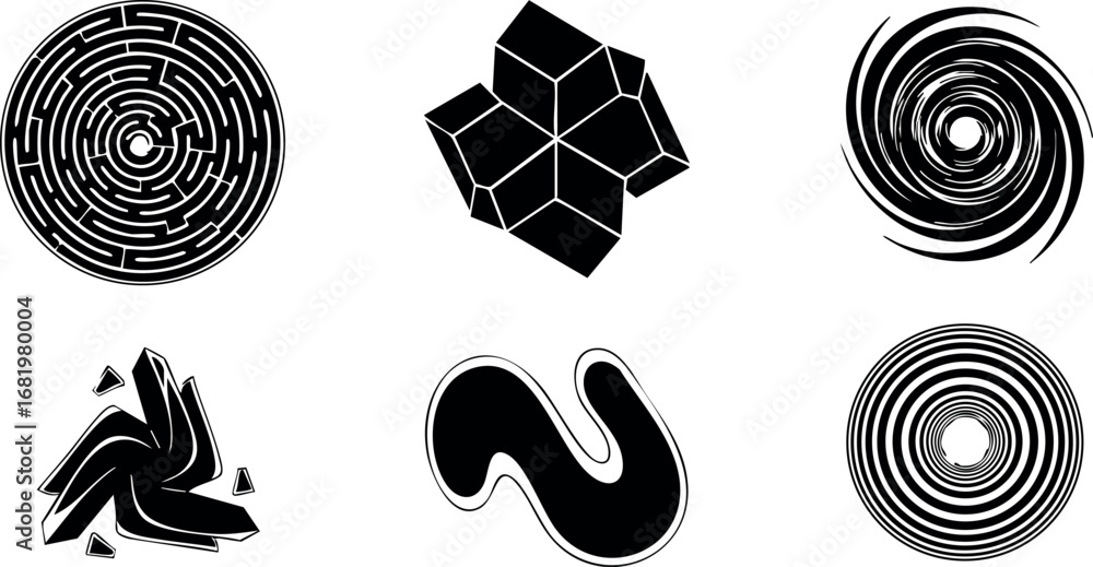 Poster abstract black circular geometric shapes vector set with maze and spiral designs