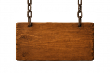 Weathered wooden sign dangling from rusted metal chains, ready for custom text insertion against clean transparent backdrop