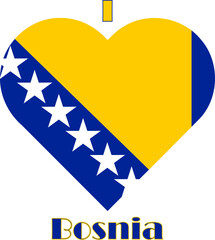 Vector graphic of I Love Bosnia flag. Comprised of the words I, a heart containing the Bosnia flag and the word Bosnia